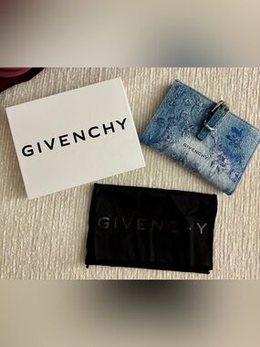 Givenchy Voyou Washed Embroidered Denim Wallet Blue Floral Leather $650